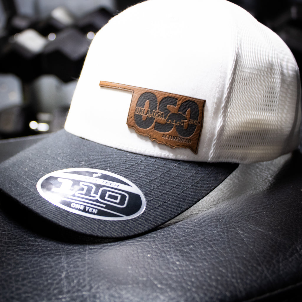 Flexfit 110 Trucker Hat SnapBack White and Black - Oklahoma Leather Patch