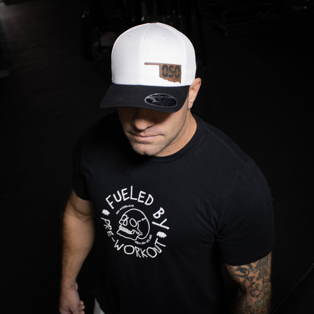 Flexfit 110 Trucker Hat SnapBack White and Black - Oklahoma Leather Patch