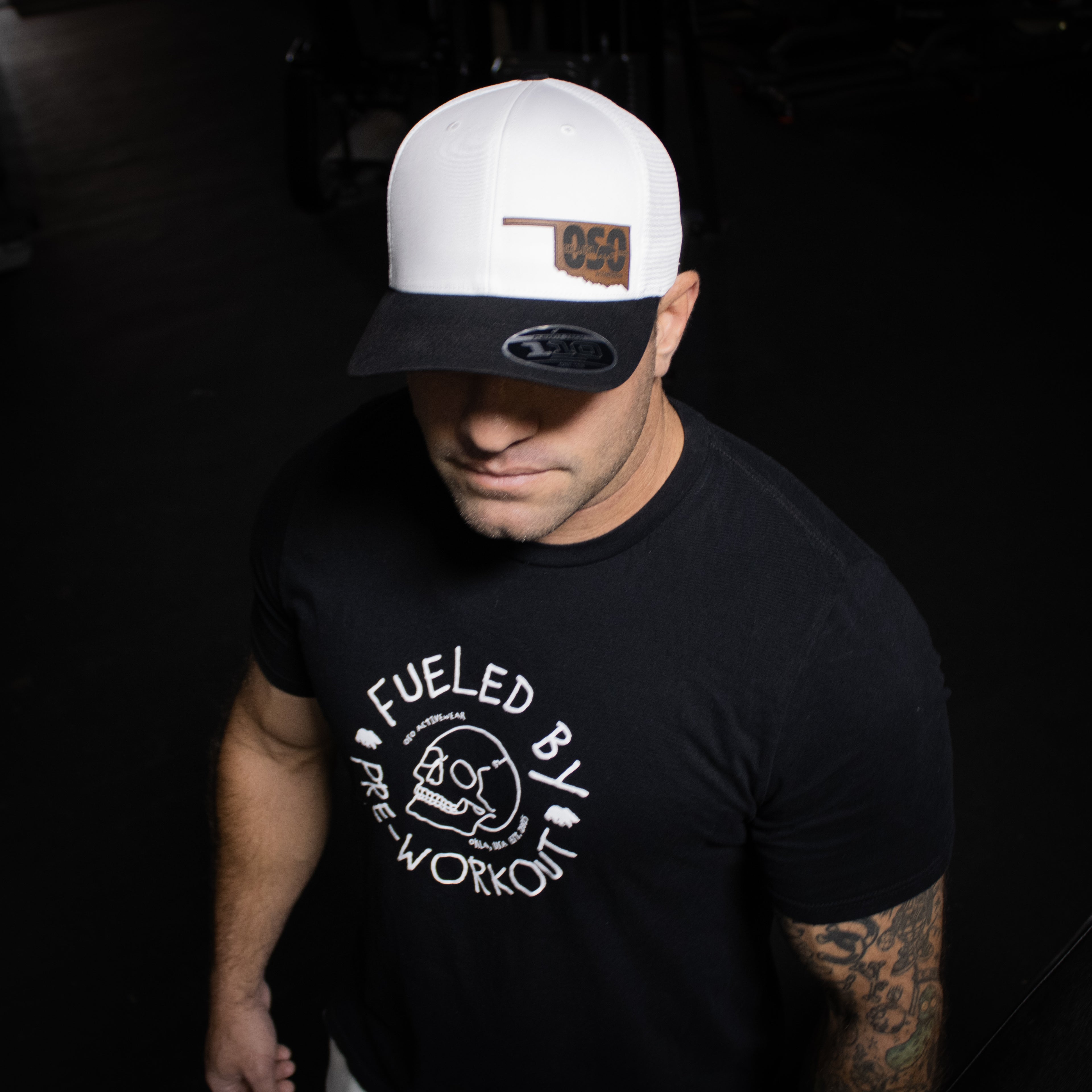 Flexfit 110 Trucker Hat SnapBack White and Black - Oklahoma Leather Patch