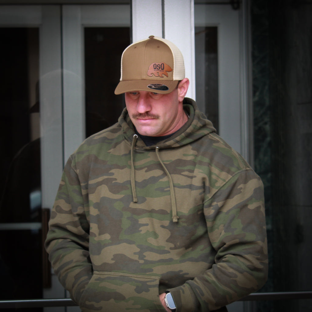 Coyote Brown Leather Patch Flexfit Trucker Snapback Hat