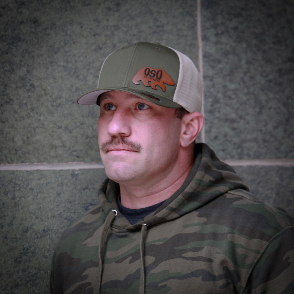 Olive Green Leather Patch Flexfit Trucker Snapback Hat