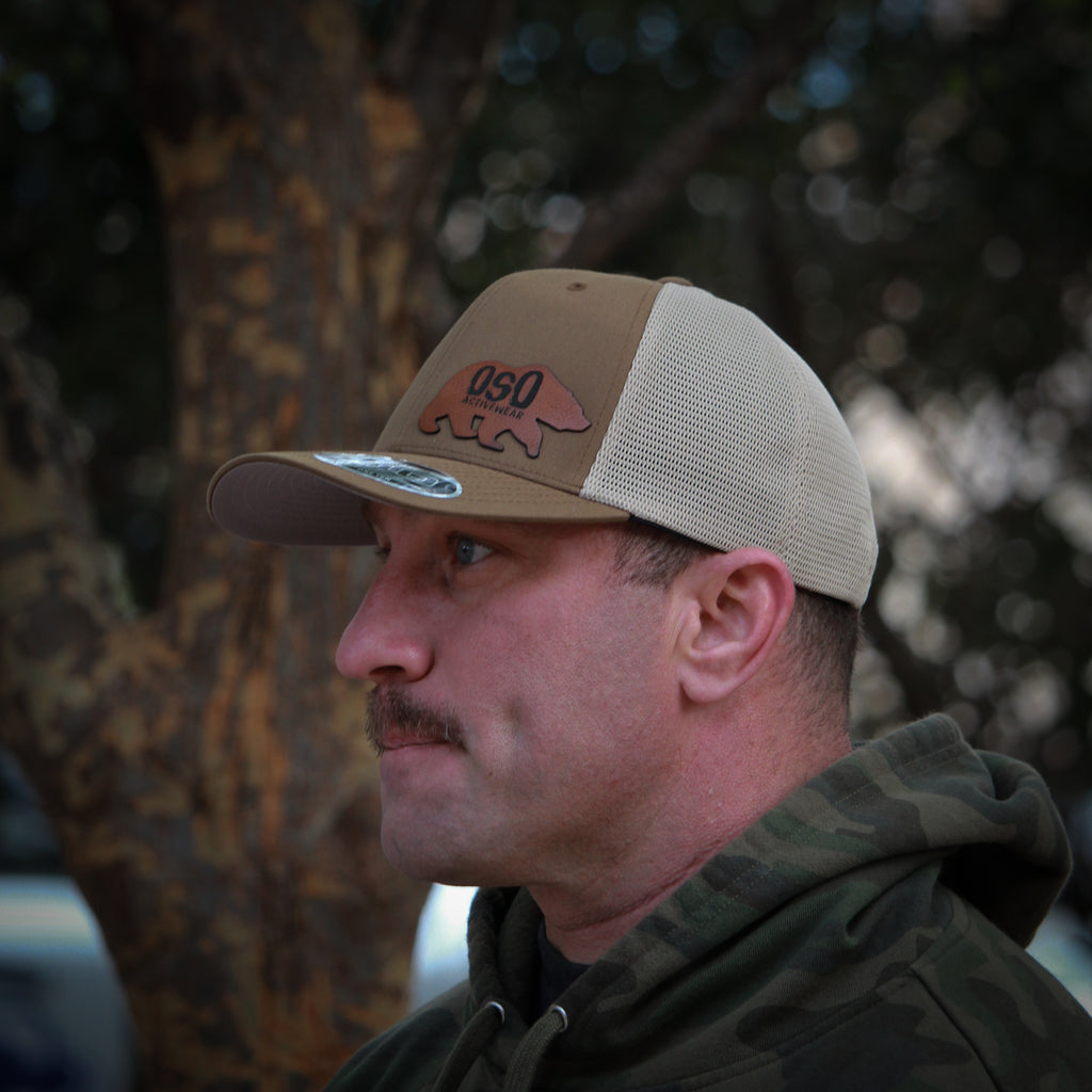Coyote Brown Leather Patch Flexfit Trucker Snapback Hat