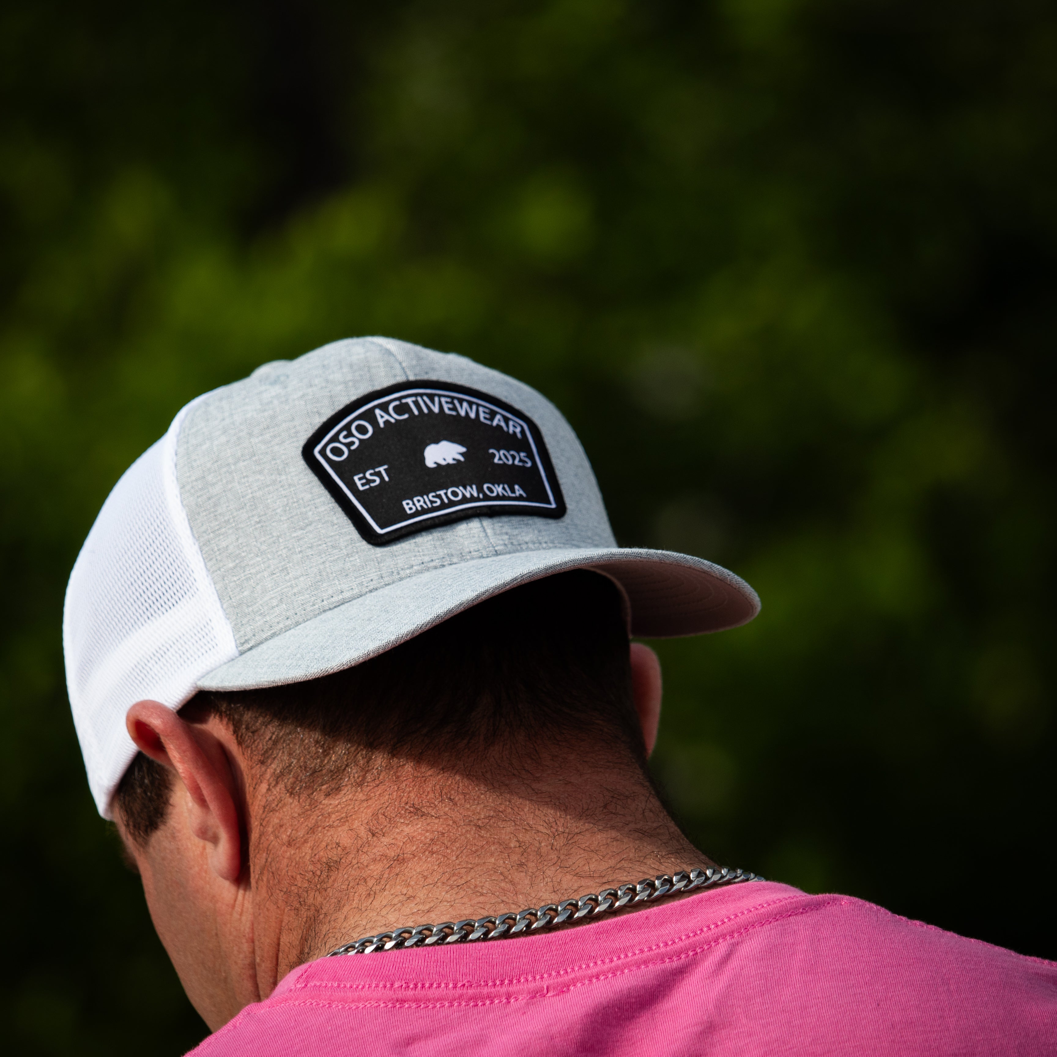 Melange Silver / White Flexfit Trucker Hat - Arch Top Patch