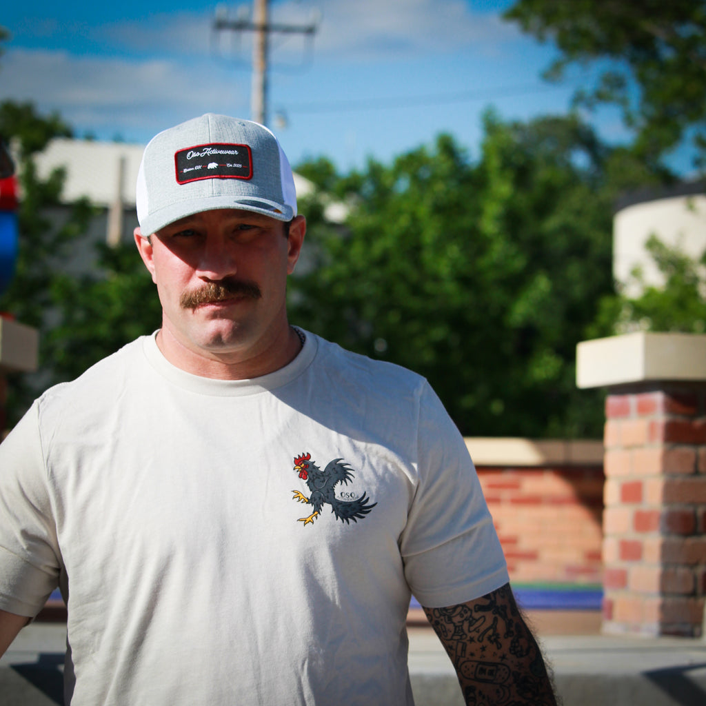 Melange Silver / White Flexfit Trucker Hat - Black Burgundy Rectangle Patch