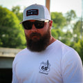 Melange Silver / White Flexfit Trucker Hat - Black Burgundy Rectangle Patch