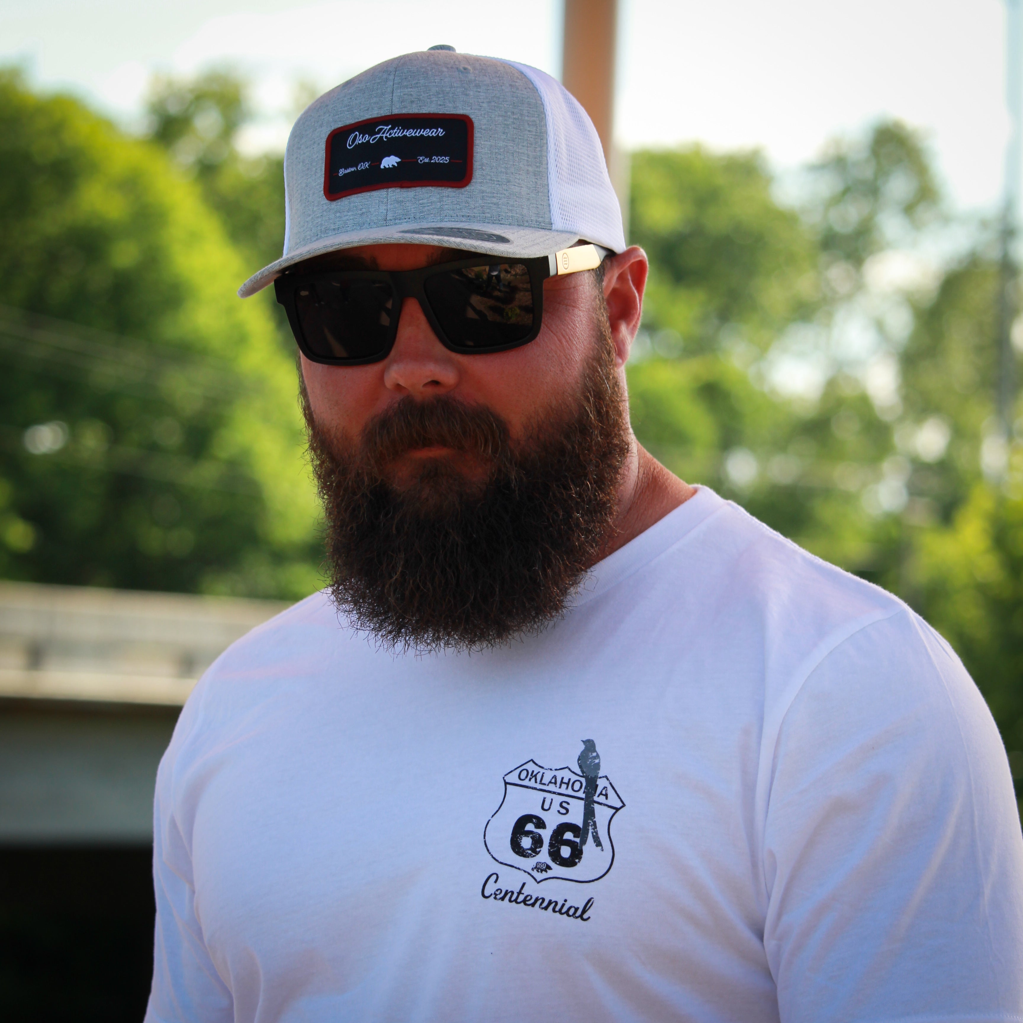 Melange Silver / White Flexfit Trucker Hat - Black Burgundy Rectangle Patch