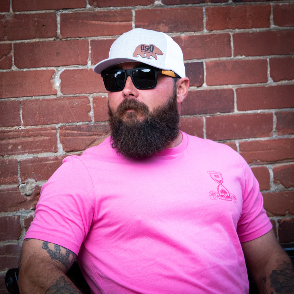 Melange Silver / White Flexfit Trucker Hat - Leatherette Bear Logo Patch