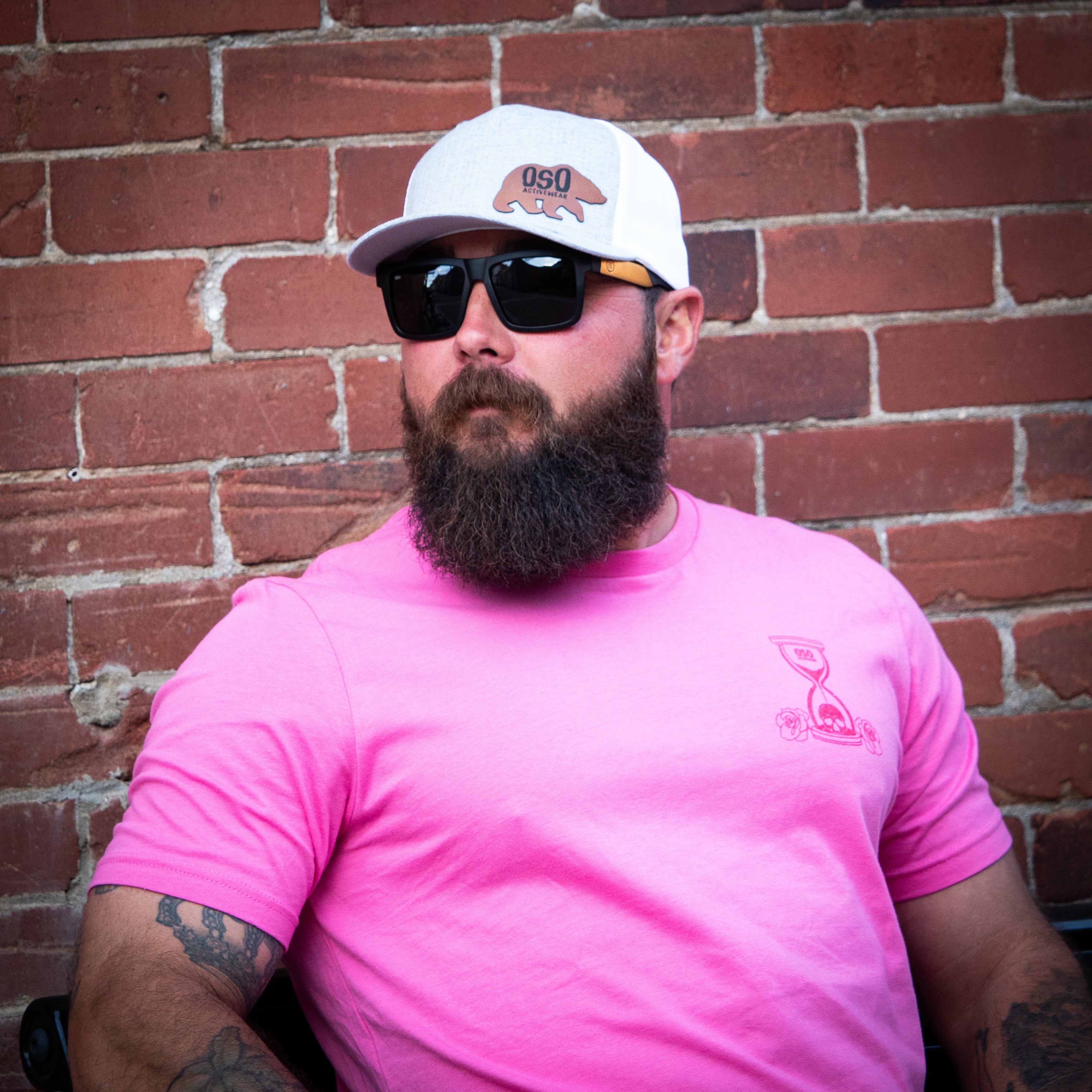 Melange Silver / White Flexfit Trucker Hat - Leatherette Bear Logo Patch