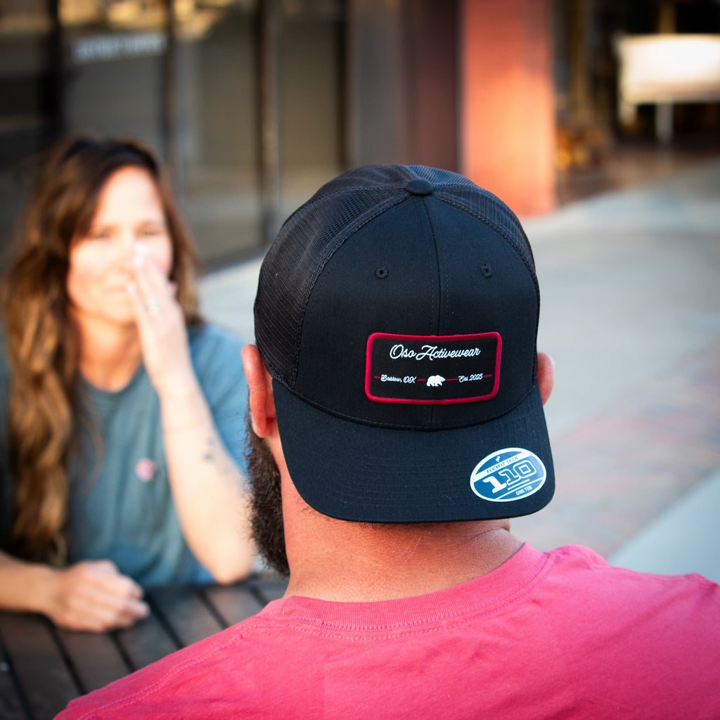 Black Flexfit Trucker Hat - Black Burgundy Rectangle Patch