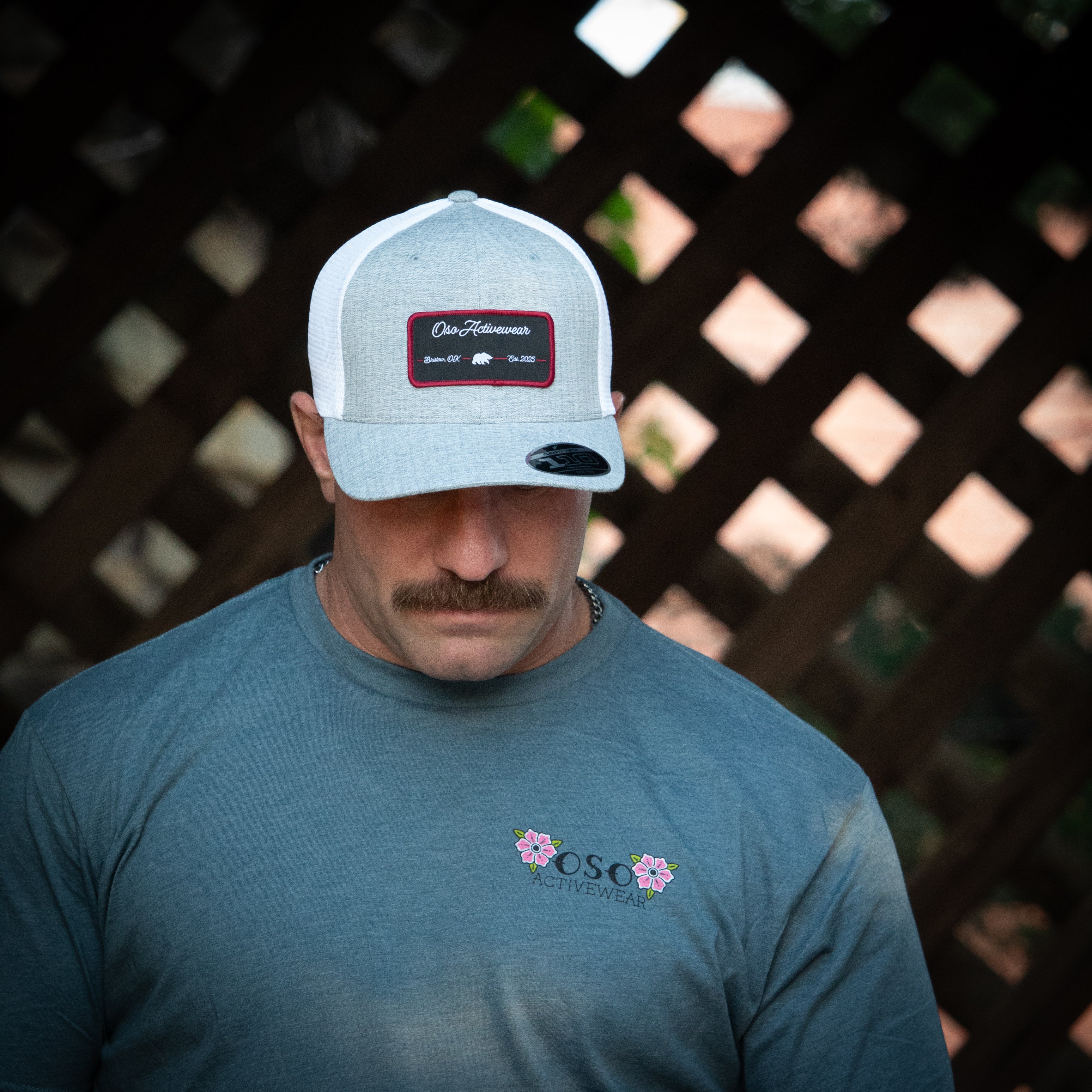 Melange Silver / White Flexfit Trucker Hat - Black Burgundy Rectangle Patch