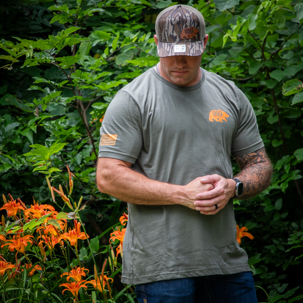 Mossy Oak Bottomland Trucker Snapback Hat | Brown Leather Patch