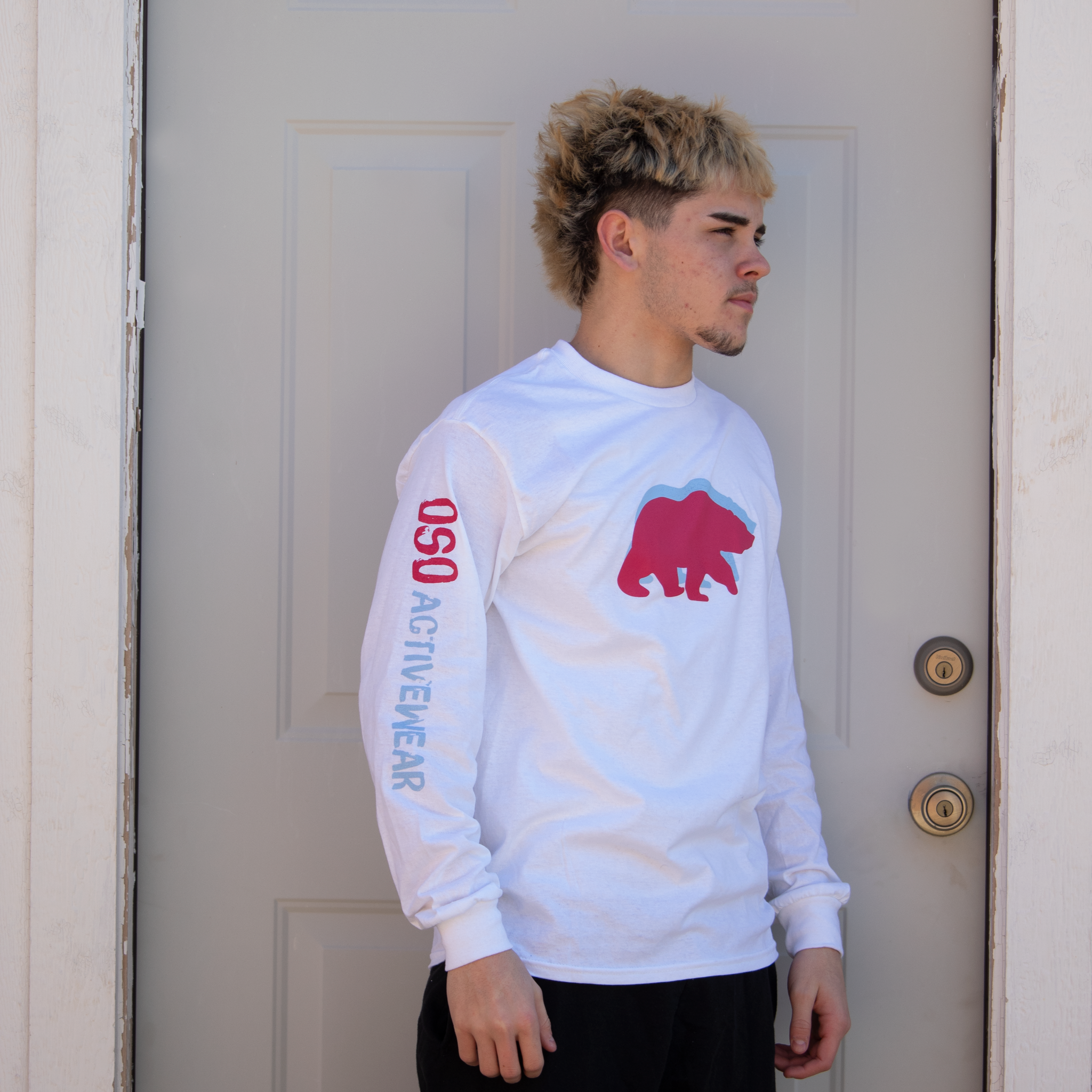 White Heavyweight Long Sleeve 100% Cotton T-Shirt Pink and Blue logos with sleeve print