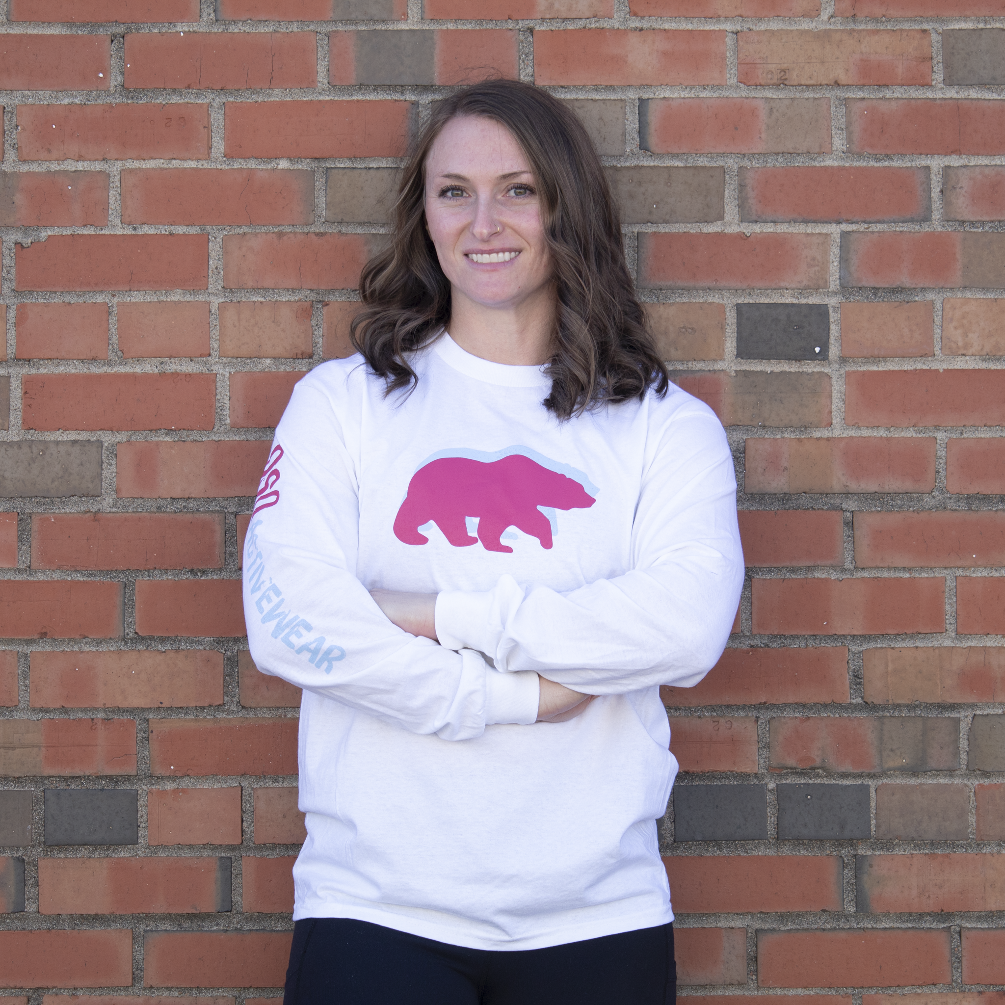 White Heavyweight Long Sleeve 100% Cotton T-Shirt Pink and Blue logos with sleeve print