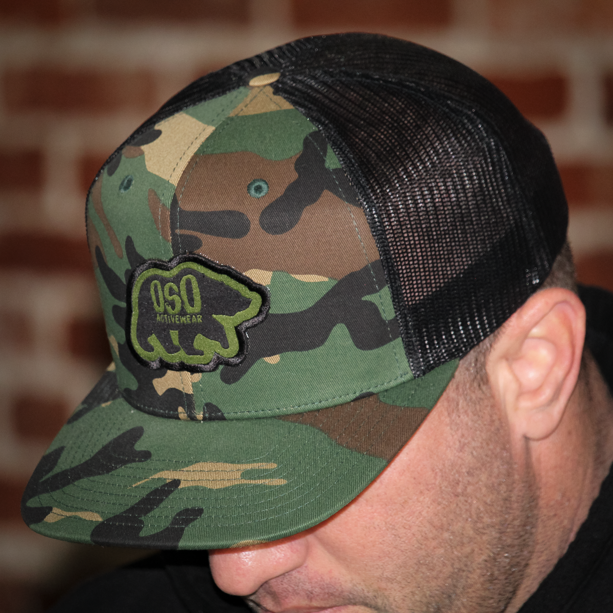 Woodland Camo Logo Mesh SnapBack Flat Bill Hat OSFM | Oso Activewear